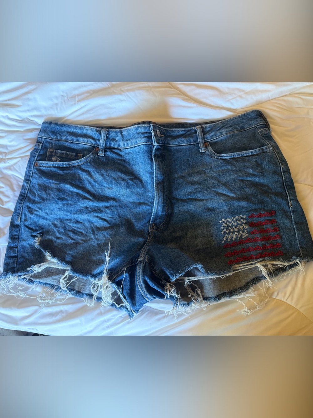 Old Navy Blue Distressed Denim Jean Shorts with American Flag Embroidery
